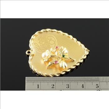 14K 1960's Happy Anniversary Heart Flower Gemstone Pearl Vintage Yellow Gold Charm/Pendant