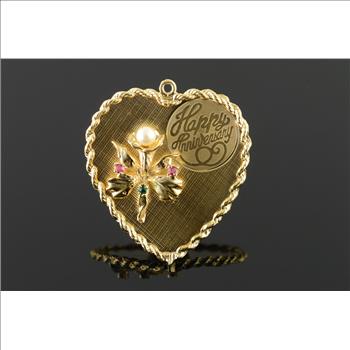 14K 1960's Happy Anniversary Heart Flower Gemstone Pearl Vintage Yellow Gold Charm/Pendant