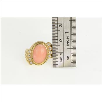 14K 1960's Ornate Coral Diamond Statement Yellow Gold Ring, Size 7.75