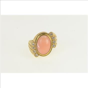 14K 1960's Ornate Coral Diamond Statement Yellow Gold Ring, Size 7.75
