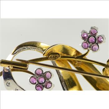 14K 1960's Ruby Diamond Flower Bouquet Yellow Gold Pin/Brooch