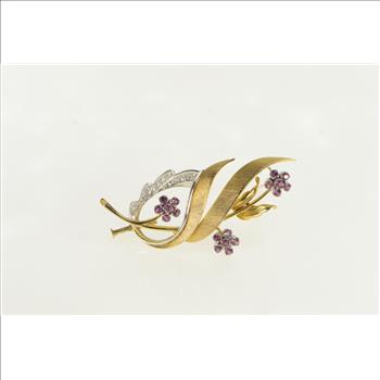 14K 1960's Ruby Diamond Flower Bouquet Yellow Gold Pin/Brooch