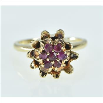 14K 1960's Ruby Flower Cluster Statement Yellow Gold Ring, Size 6.25