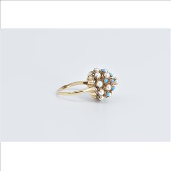 14K 1960's Seed Pearl Turquoise Domed Cocktail Yellow Gold Ring, Size 6.5