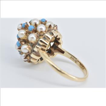 14K 1960's Seed Pearl Turquoise Domed Cocktail Yellow Gold Ring, Size 6.5
