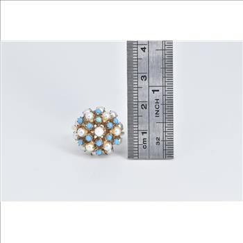 14K 1960's Seed Pearl Turquoise Domed Cocktail Yellow Gold Ring, Size 6.5