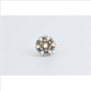 14K 1960's Seed Pearl Turquoise Domed Cocktail Yellow Gold Ring, Size 6.5
