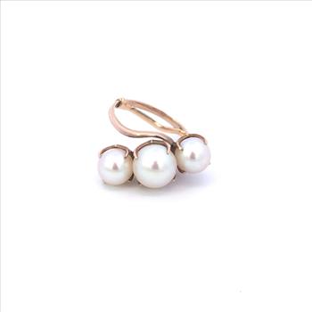 14K 1960's Three Stone Vintage Pearl Bypass Yellow Gold Ring, Size 3.5