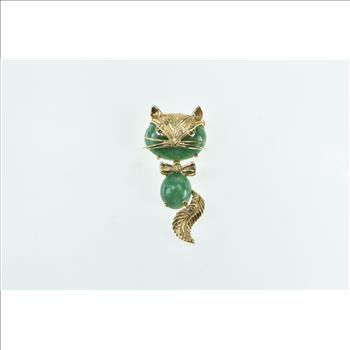 14K 1960's Vintage Jade Cat Kitten Drop Dangle Yellow Gold Pin/Brooch