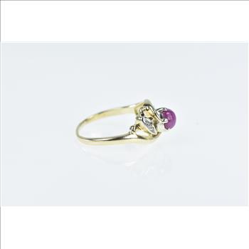 14K 1960's Vintage Syn. Ruby Diamond Swirl Yellow Gold Ring, Size 5