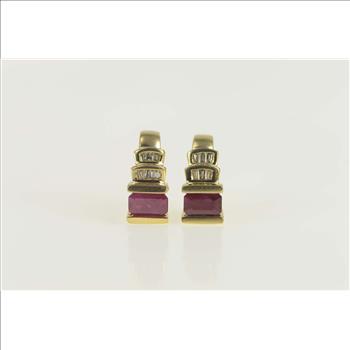 14K 2.00 Ctw Emerald Cut Ruby Diamond Stud Yellow Gold Earrings