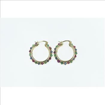 14K 22mm Ruby Emerald Sapphire Vintage Hoop Yellow Gold Earrings