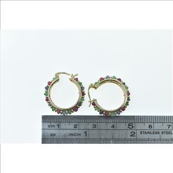 14K 22mm Ruby Emerald Sapphire Vintage Hoop Yellow Gold Earrings