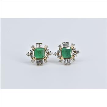 14K 2.30 Ctw Natural Emerald Diamond Vintage Stud Yellow Gold Earrings