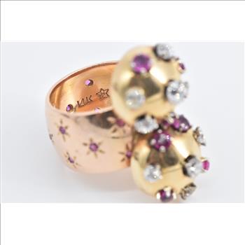 14K 2.35 Ctw Diamond Ruby Sputnik Artisanal Yellow Gold Ring, Size 8