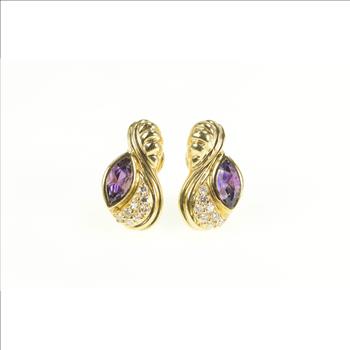 14K 2.48 Ctw Amethyst Diamond Grooved French Clip Yellow Gold Earrings