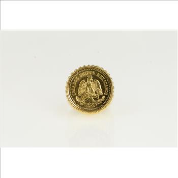 14K $2.50 Pesos Mexican Gold Coin Retro Grooved Yellow Gold Ring, Size 3