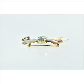 14K 2.52 Ct Emerald Cut Aquamarine Bow Ribbon Yellow Gold Pin/Brooch