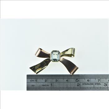 14K 2.52 Ct Emerald Cut Aquamarine Bow Ribbon Yellow Gold Pin/Brooch