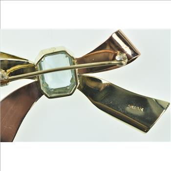 14K 2.52 Ct Emerald Cut Aquamarine Bow Ribbon Yellow Gold Pin/Brooch