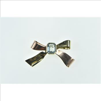 14K 2.52 Ct Emerald Cut Aquamarine Bow Ribbon Yellow Gold Pin/Brooch