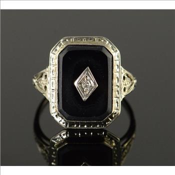 14k 2 5g Vintage Black Onyx Diamond Inset White Gold Ring Size 5 75 Property Room