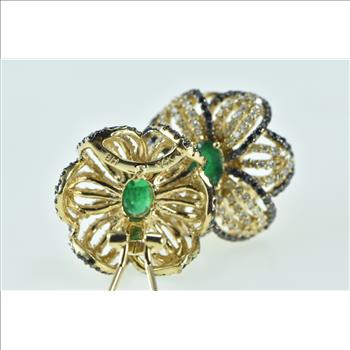 14K 3.07 Ctw Emerald Black White Diamond Flower Yellow Gold Earrings