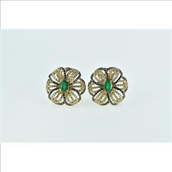 14K 3.07 Ctw Emerald Black White Diamond Flower Yellow Gold Earrings