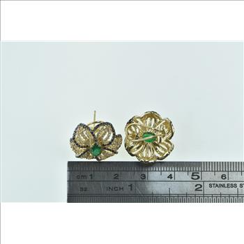 14K 3.07 Ctw Emerald Black White Diamond Flower Yellow Gold Earrings