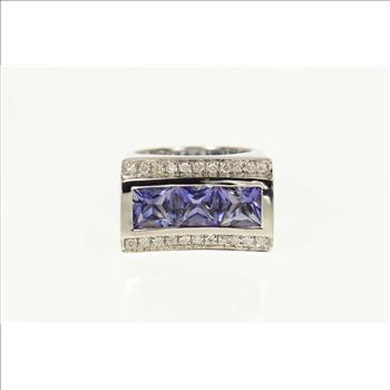 14K 3.16 Ctw Iolite Diamond Squared Curved White Gold Ring, Size 5.75
