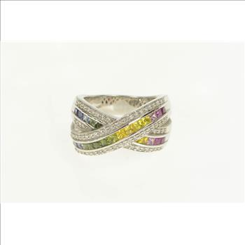 14K 3.35 Ctw Rainbow Sapphire Diamond X Men's White Gold Ring, Size 11