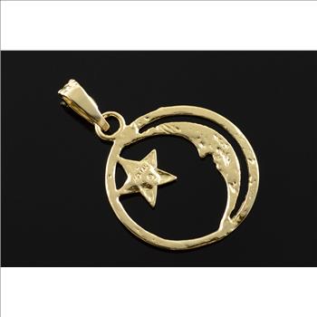 14K 3.4g Crescent Man In the Moon Stars Circle Yellow Gold Charm/Pendant
