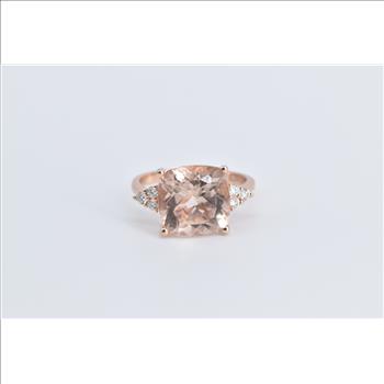 14K 3.50Ct Cushion Morganite Diamond Cluster Rose Gold Ring, Size 6.75