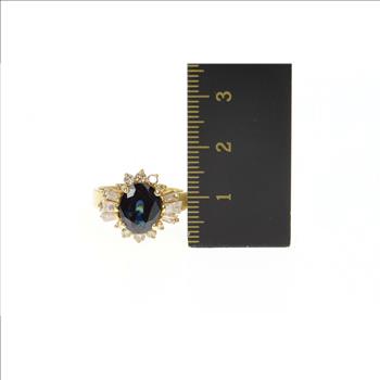 14K 3.69 Ctw Natural Sapphire Diamond Halo Yellow Gold Ring, Size 6.25