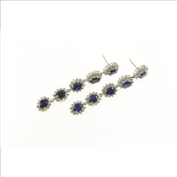 14K 3.75 Ctw Sapphire Diamond Halo Dangle White Gold Earrings