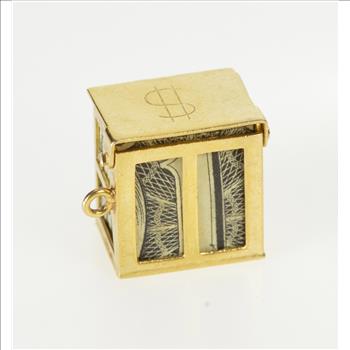 14K 3D Money Box Chest Folded Bill Cash Yellow Gold Charm/Pendant