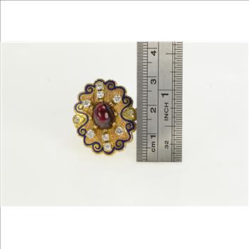 14K 4.25 Ctw Syn. Ruby Diamond Enamel Yellow Gold Ring, Size 9