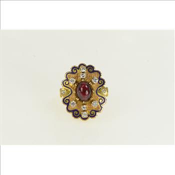 14K 4.25 Ctw Syn. Ruby Diamond Enamel Yellow Gold Ring, Size 9