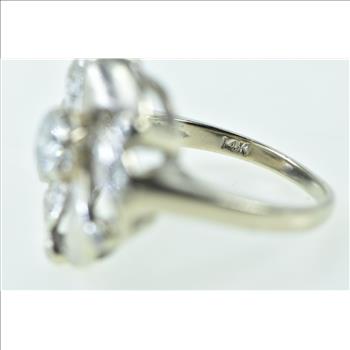 14K 50's 1.05 Ctw Diamond Swirl Statement Cocktail White Gold Ring, Size 7