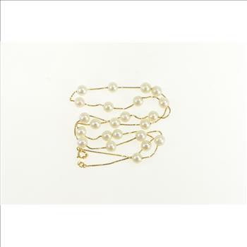 14K 5.5mm Pearl Vintage Beaded Box Chain Yellow Gold Necklace 17.25