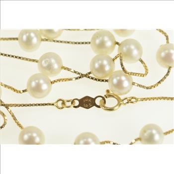 14K 5.5mm Pearl Vintage Beaded Box Chain Yellow Gold Necklace 17.25