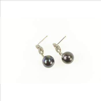 14K 5.6mm Round Black Pearl Diamond Dangle White Gold Earrings