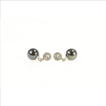 14K 5.6mm Round Black Pearl Diamond Dangle White Gold Earrings