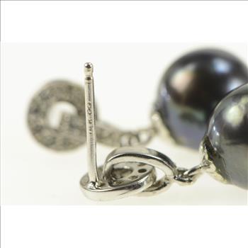 14K 5.6mm Round Black Pearl Diamond Dangle White Gold Earrings