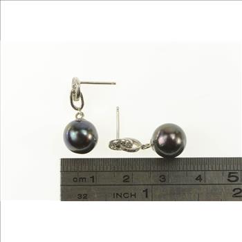 14K 5.6mm Round Black Pearl Diamond Dangle White Gold Earrings