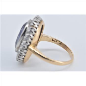 14K 5.75 Ctw Oval Syn Sapphire Diamond Halo Yellow Gold Ring, Size 6.25