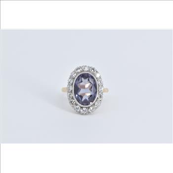 14K 5.75 Ctw Oval Syn Sapphire Diamond Halo Yellow Gold Ring, Size 6.25