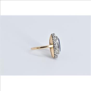 14K 5.75 Ctw Oval Syn Sapphire Diamond Halo Yellow Gold Ring, Size 6.25