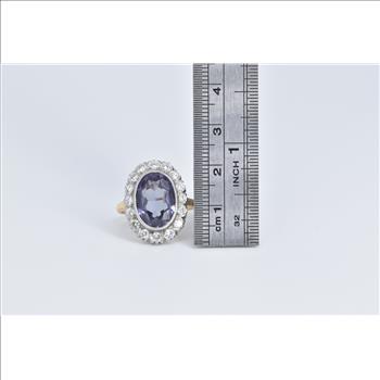 14K 5.75 Ctw Oval Syn Sapphire Diamond Halo Yellow Gold Ring, Size 6.25