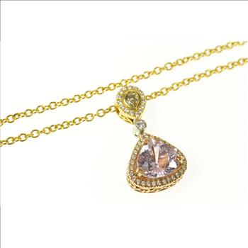 14K 7.05 Ctw Morganite Diamond Halo Drop Yellow Gold Necklace 17